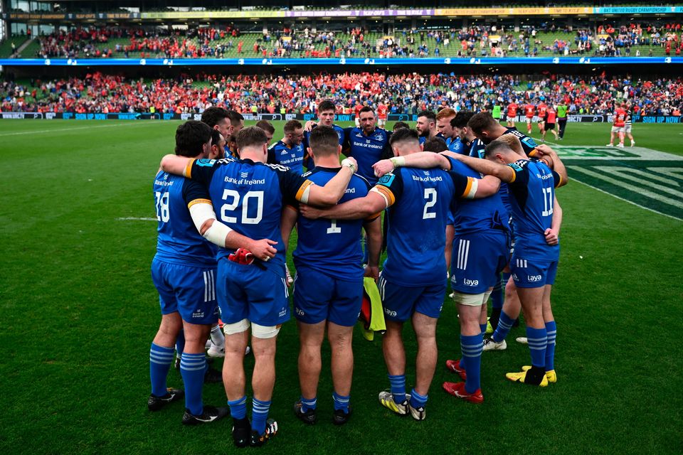 Leinster players huddle after their defeat in the United Rugby Championship semi-final against Munster at the Aviva Stadium last week. Photo: Harry Murphy/Sportsfile