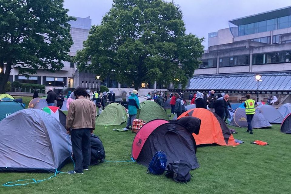 The encampment set up by Trinity students this past weekend. Photo: László Molnárfi/X