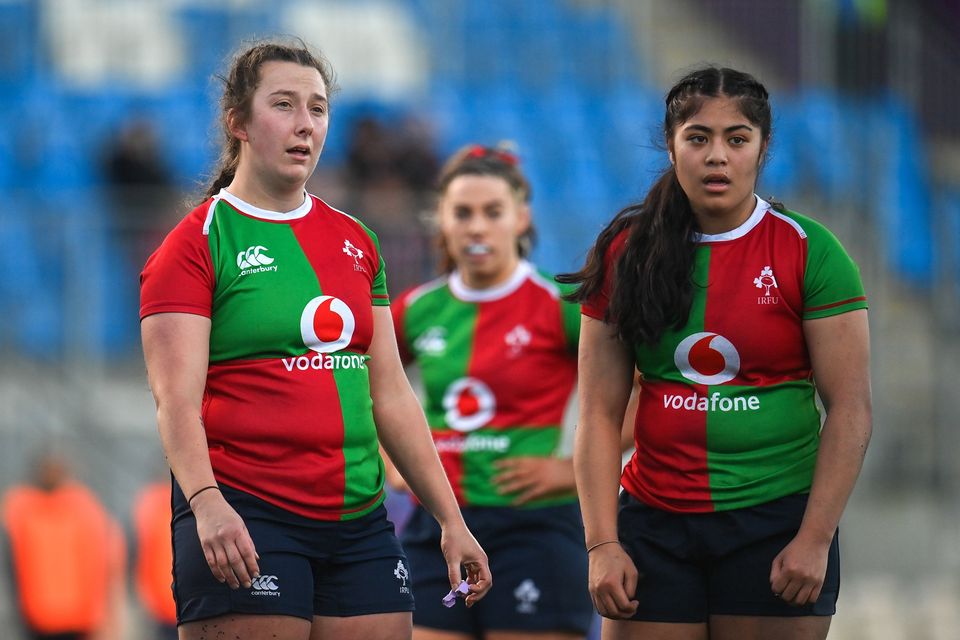 Clovers players Shannon Touhey (left) and Ivana Kiripati during the Celtic Challenge match against Brython Thunder at Energia Park, Dublin in January. Photo: Seb Daly/Sportsfile