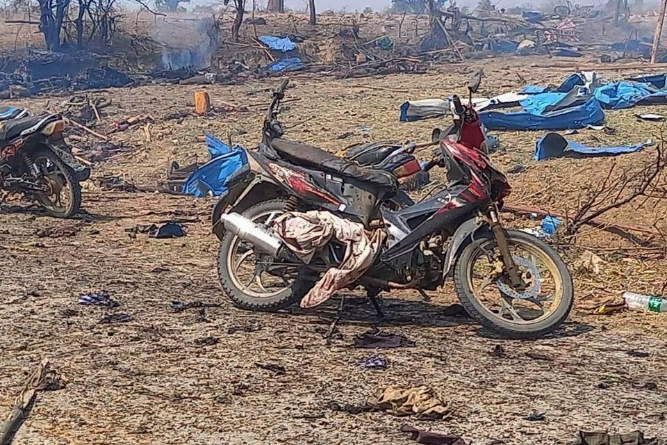 The aftermath of an airstrike in Pazigyi village in Sagaing Region's Kanbalu Township, Myanmar, yesterday. Photo: Kyunhla Activists Group via AP
