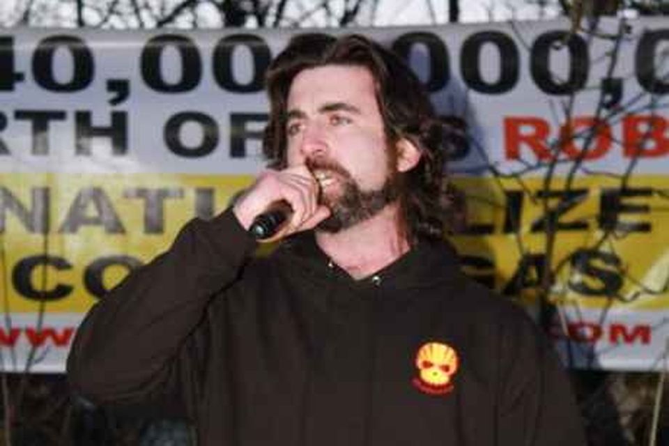 Finbar Cafferkey sings at a Shell to Sea rally outside Castlerea Prison for several activists who were imprisoned there