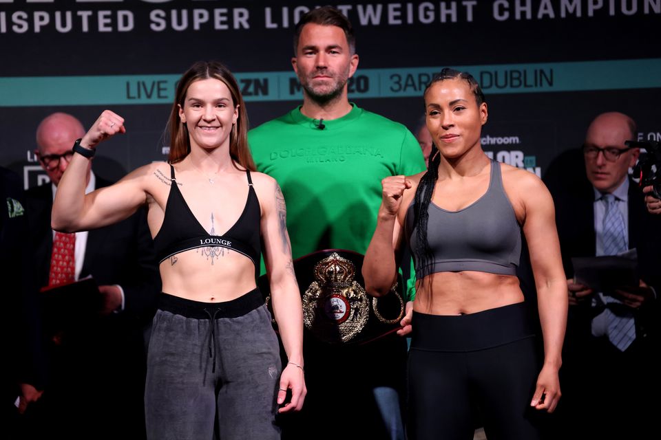 Terri Harper, left, will now defend her world title next weekend after an illness to Cecilia Braekhus, right (Damien Eagers/PA)
