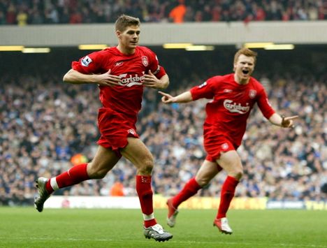 File photo dated 20-03-2005 of Liverpool's Steven Gerrard (left) celebrates after scoring the opening goal against Everton. 
Phil Noble/PA Wire.