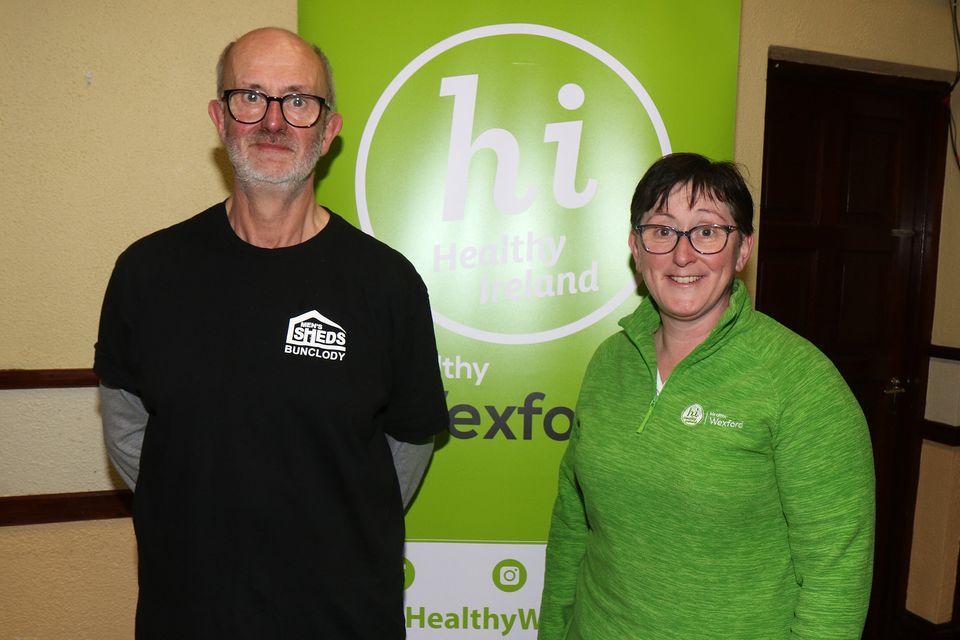 Jonathan King and Annette Dupuy (Healthy Ireland) at the Meet your Neighbours Event in St. Aidan's Hall, Bunclody.