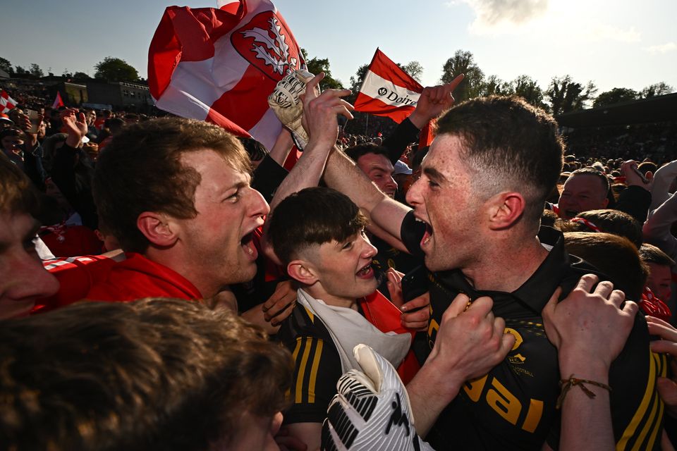 Derry players celebrate after their Ulster final win over Armagh.