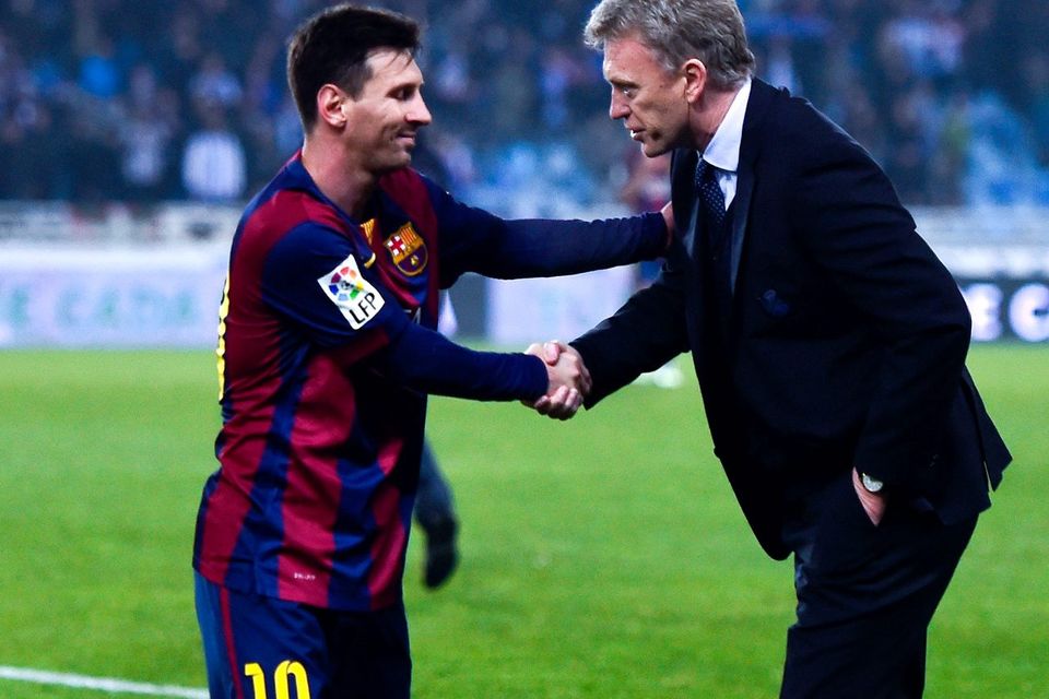 Lionel Messi shakes hands with David Moyes after Real Sociedad’s win over Barcelona on Sunday night