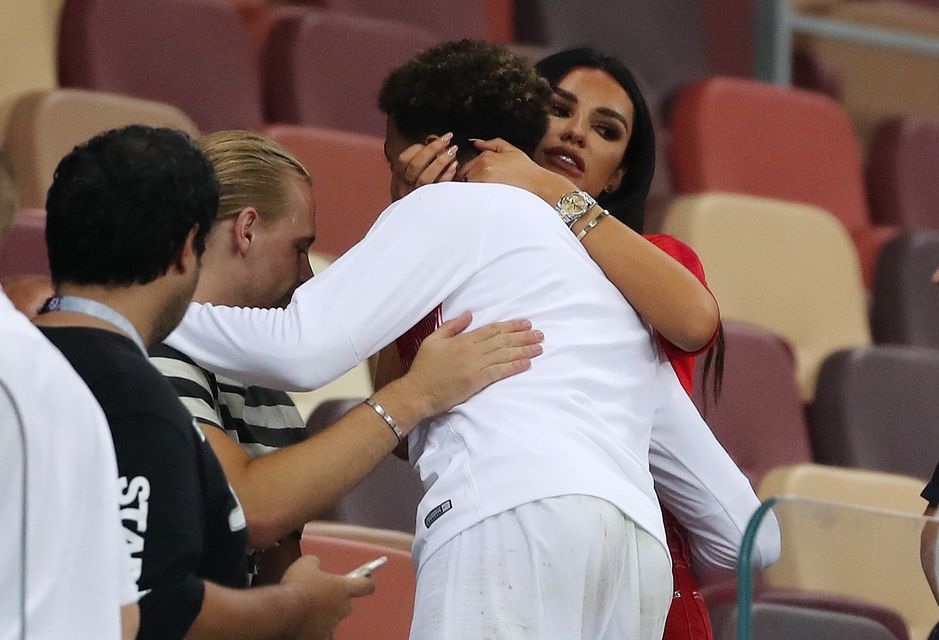 Dele Alli is consoled by then-girlfriend Ruby Mae during the Fifa World Cup (Owen Humphreys/PA)