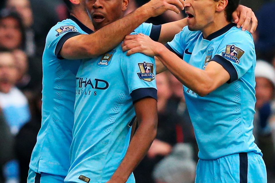 Fernandinho celebrates scoring the winning goal for Manchester City in their dramatic late victory over Aston Villa last night