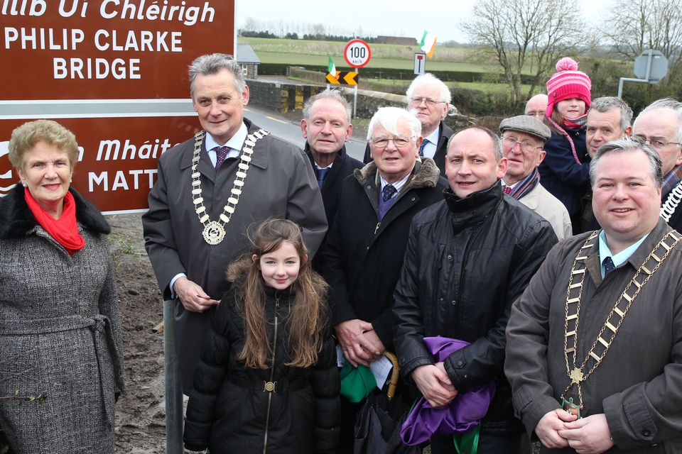 Members of the Clarke family with officials from Meath and Louth County Councils at the renaming of the bridge at Rossin on Friday