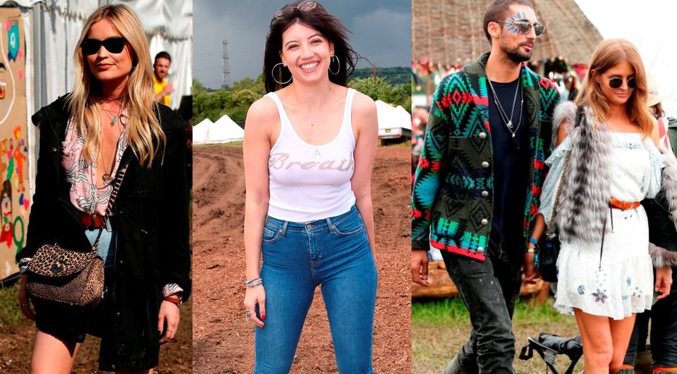 (L to R) Laura Whitmore; Daisy Lowe and Hugo Taylor with Millie Mackintosh at Glastonbury