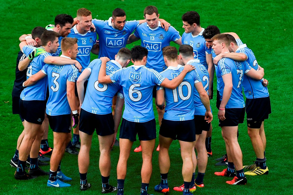 The Dublin players in their team huddle before victory over Kerry. Photo: Sportsfile