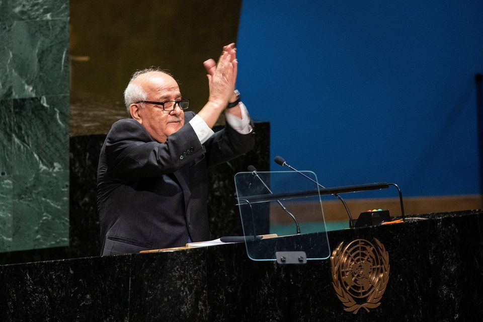 Palestinian Ambassador to the United Nations Riyad Mansour gestures to delegates after addressing them during the United Nations General Assembly before voting on a draft resolution that would recognise the Palestinians as qualified to become a full U.N. member. Reuters
