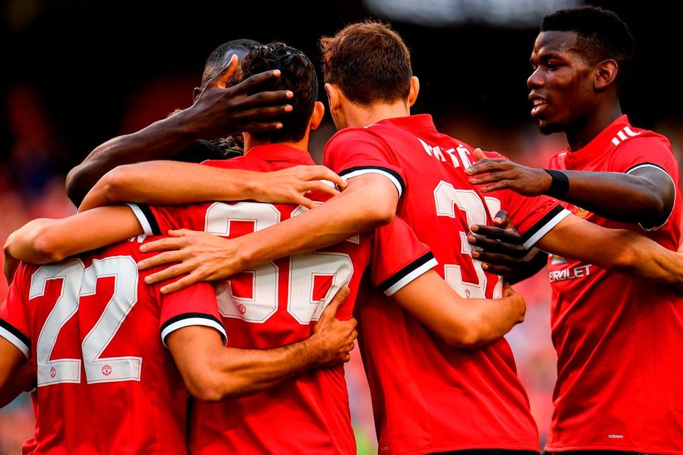 Manchester players celebrate after scoring their first goal of the game during the International Champions Cup match between Manchester United and Sampdoria at the Aviva Stadium in Dublin. Photo by Sam Barnes/Sportsfile