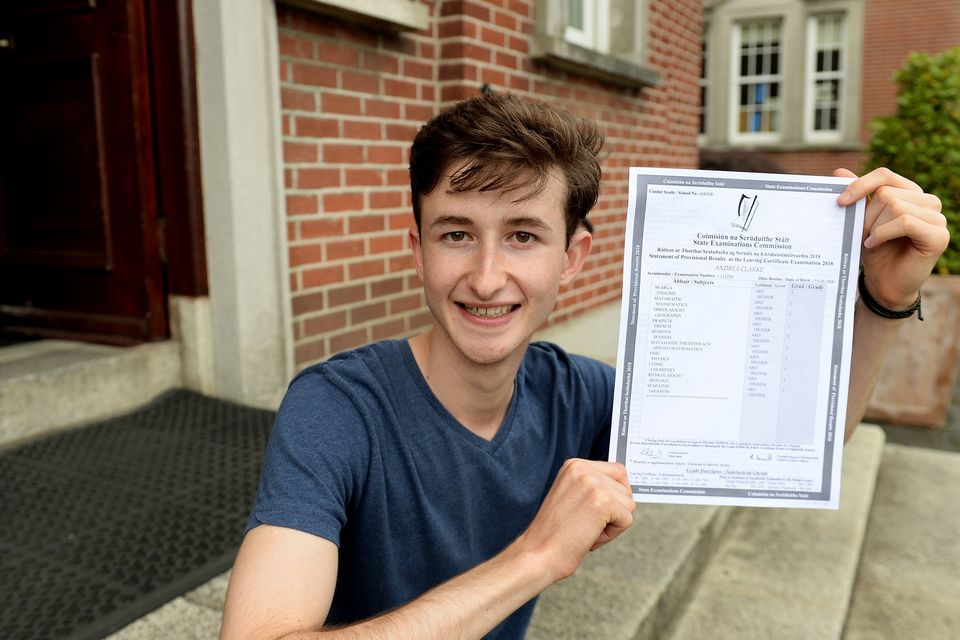 Andres Clarke, 18 with his Leaving Cert results: 8 H1s. Oatlands College, Mount Merrion, Dublin. Picture: Caroline Quinn