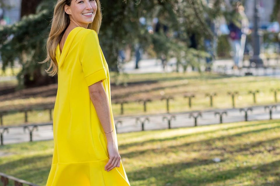 'Carmen' loose fitting shift dress with roll collar (€285) heidihiggins.com