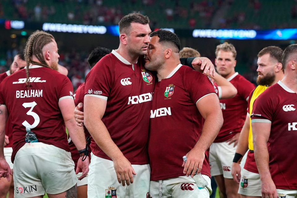 British and Irish Lions' Tadhg Beirne and Ellis Genge appear dejected following the Lions match at the Aviva Stadium in Dublin. PA Photo. Photo credit should read: Brian Lawless/PA Wire.