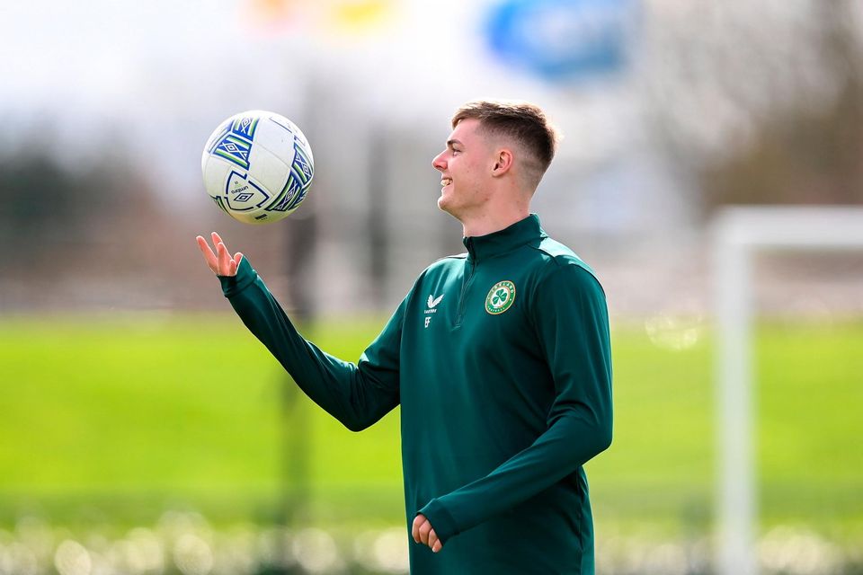 20 March 2023; Evan Ferguson during a Republic of Ireland training session at the FAI National Training Centre in Abbotstown, Dublin. Photo by Stephen McCarthy/Sportsfile