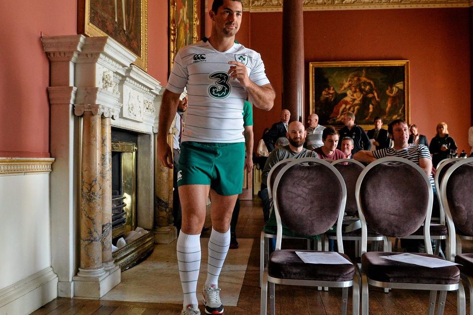 Rob Kearney models the new Ireland jersey in Carton House yesterday