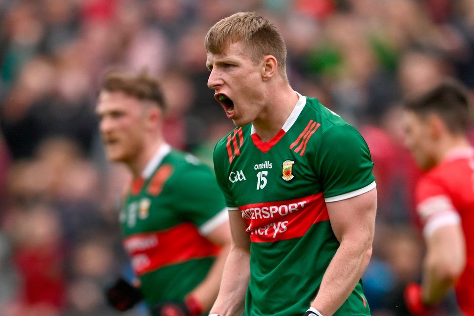 Ryan O'Donoghue of Mayo celebrates after scoring his side's first goal from a penalty