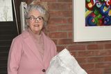 thumbnail: Mary Kehoe Hansen with her work 'Leaves' at the opening of the art exhibition entitled 'Lightening up our everyday learning spaces' as part of the AONTAS Adult Learner Festival in the Gorey Institute of Further Learning and Training Centre on Thursday. Pic: Jim Campbell