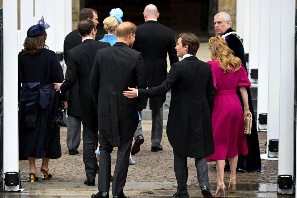 Britain's Prince Harry, Duke of Sussex arrives with Princess Beatrice and her husband Edoardo Mapelli Mozzi to attend Britain's King Charles and Queen Camilla coronation ceremony at Westminster Abbey, in London, Britain May 6, 2023. REUTERS/Toby Melville/Pool
