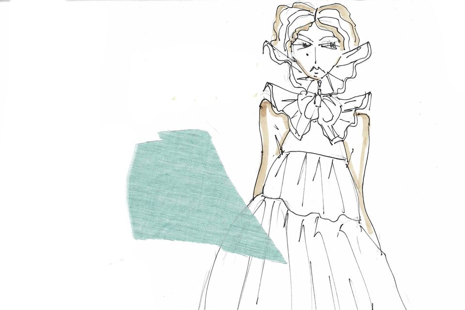 “I imagined a woman sitting outside Café de Flore, drinking her coffee, waiting for her boyfriend, looking very French," Paul Costelloe says of his latest collection. Sketch: Courtesy of Paul Costelloe