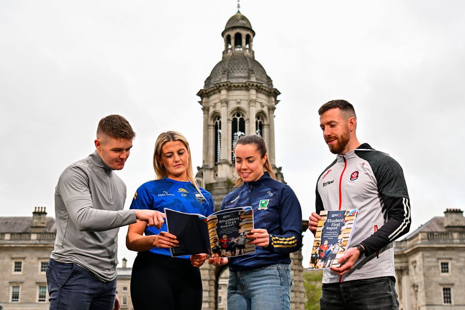 In attendance at the launch of the GPA Student First Report are, from left, Mary Immaculate College and Waterford hurler PJ Fanning, University of Limerick and Tipperary Camogie player Casey Hennessy, MTU and Kerry footballer Danielle O'Leary and University of Ulster and Derry Footballer Niall Loughlin at Trinity College in Dublin. Photo by Sam Barnes/Sportsfile