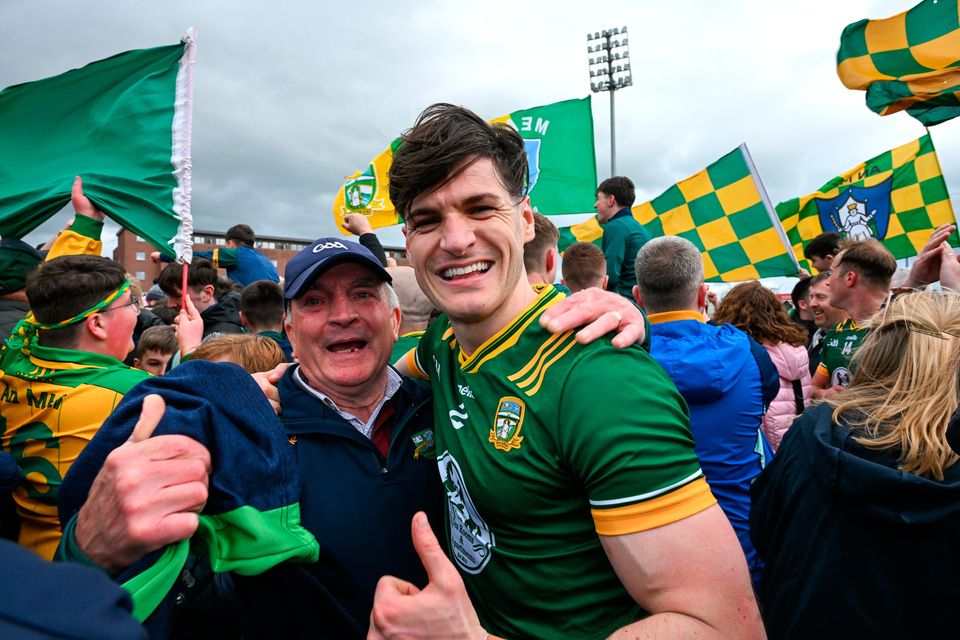 Meath's Seamus Lavin celebrates with supporters after their famous victory over Dublin. Photo by Ray McManus