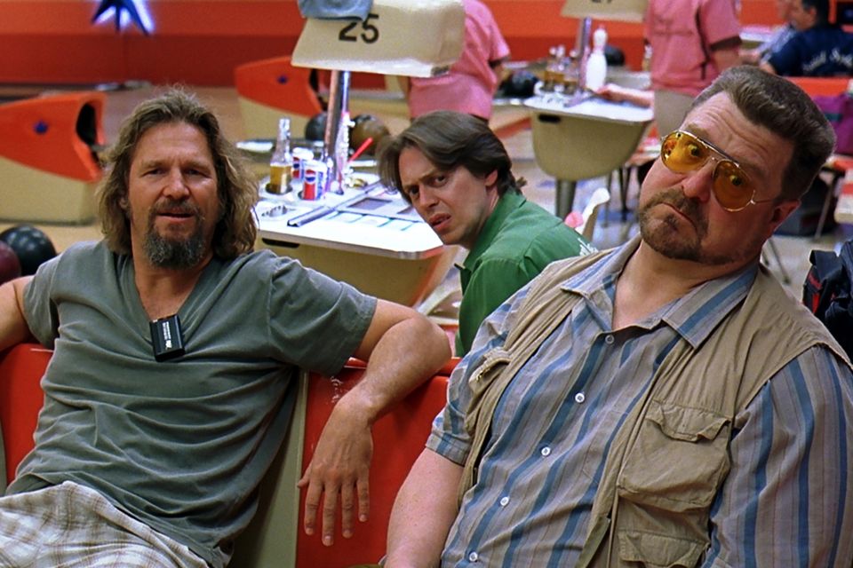 Jeff Bridges, aka 'The Dude', hangs out with Walter (John Goodman) and Donny (Steve Buscemi) in The Big Lebowski