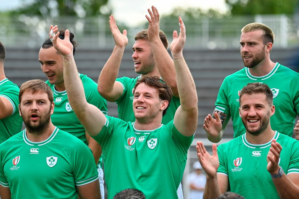 ALL SET: Front (l-r)  Iain Henderson, Ryan Baird and Stuart McCloskey with (back l-r) James Lowe, Jack Crowley and Mack Hansen during an Ireland rugby open training session at Stade Vallée du Cher in Tours, France. Photo: Brendan Moran/Sportsfile