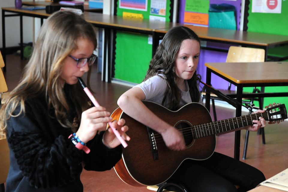 Amelia Redmond on guitar accomypanied by Olivia Murphy during the Gorey Ballygarrett CCE Junior Feis in St Joseph's School, Gorey on Sunday. Pic: Jim Campbell