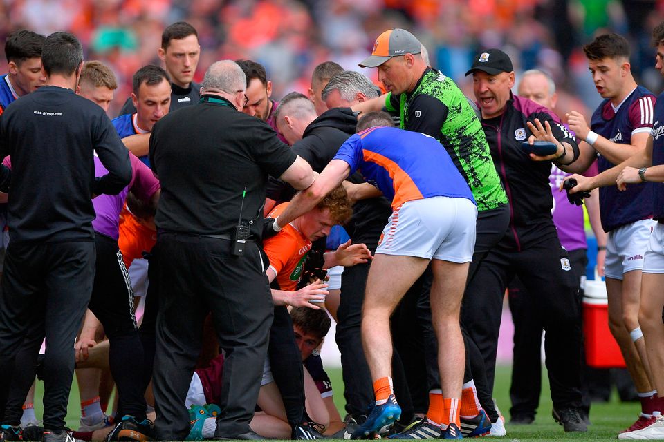 Players and officials from Armagh and Galway become embroiled as they make their way to the dressing rooms after full time at the All-Ireland SFC quarter-final at Croke Park, Dublin. Photo by Ray McManus/Sportsfile
