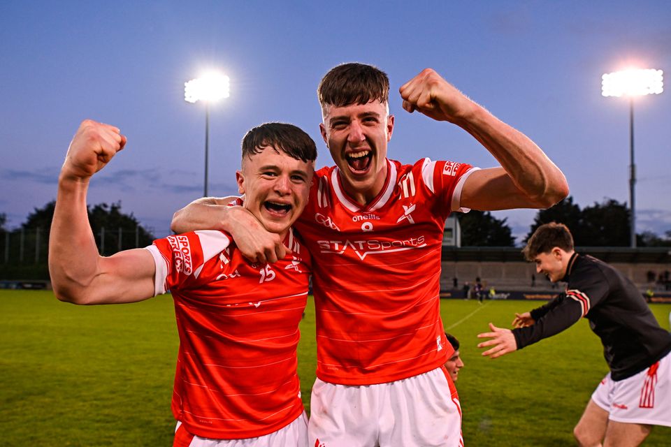 Darragh Dorian, left, and Dara McDonnell of Louth celebrate after their side's victory in the EirGrid Leinster U20 Football Championship semi-final win over Dublin at Parnell Park in Dublin. Photo: Sam Barnes/Sportsfile