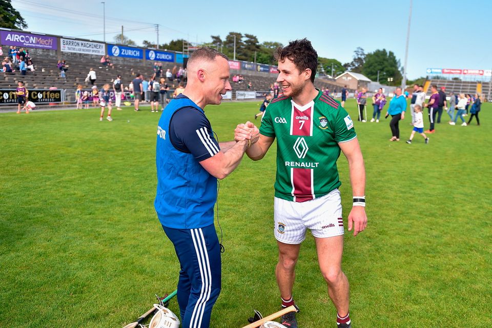 Westmeath manager Joe Fortune and Robbie Greville celebrate after their Leinster SHC Round 4 win over Wexford. Photo: Daire Brennan/Sportsfile