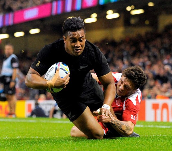 New Zealand's Julian Savea scores their sixth try completing his hat trick