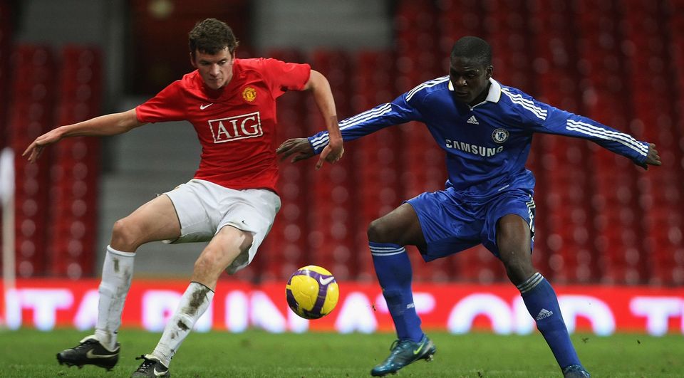 Oliver Gill of Manchester United in action during the FA Youth Cup Third Round match between Manchester United Academy and Chelsea Academy at Old Trafford on November 27 2008, in Manchester, England. (Photo by Matthew Peters/Manchester United via Getty Images)