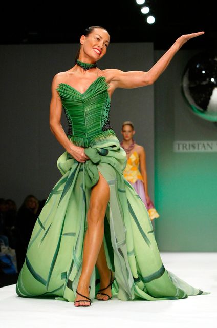 Tara Palmer Tompkinson walks down the runway at the Tristan Webber fashion show as part of London Fashion Week Spring/Summer 2005 at the BFC Tent, Duke of York's HQ, Kings Road on September 23, 2004 in London. (Photo by Gareth Cattermole/Getty Images)