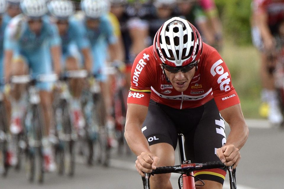 Adam Hansen breaks away from the peloton in the closing kilometres to take stage 19 of the Vuelta a espana. Photo: JEFF PACHOUD/AFP/Getty Images