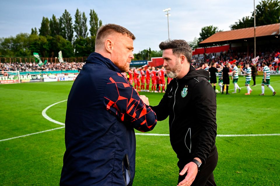 Shamrock Rovers manager Stephen Bradley, right, and Shelbourne manager Damien Duff. Photo by Stephen McCarthy/Sportsfile