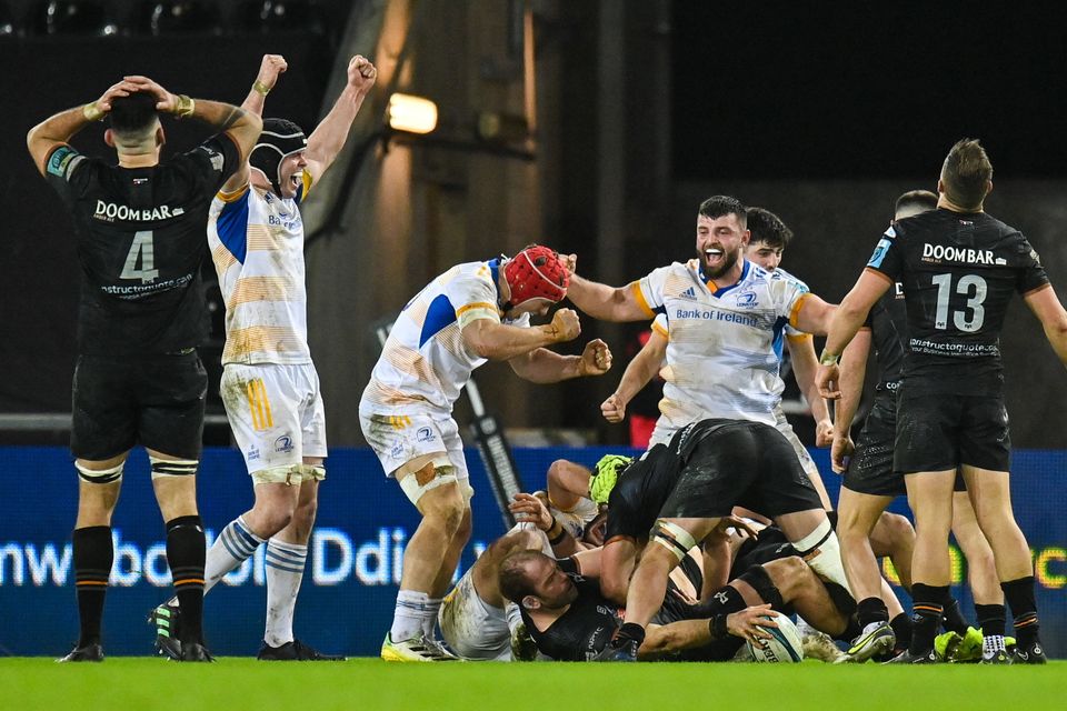Leinster players, from left, James Ryan, Josh van der Flier and Michael Milne celebrate a penalty during last season's United Rugby Championship match against Ospreys at the Swansea.com Stadium in Swansea, Wales. Photo by Harry Murphy/Sportsfile