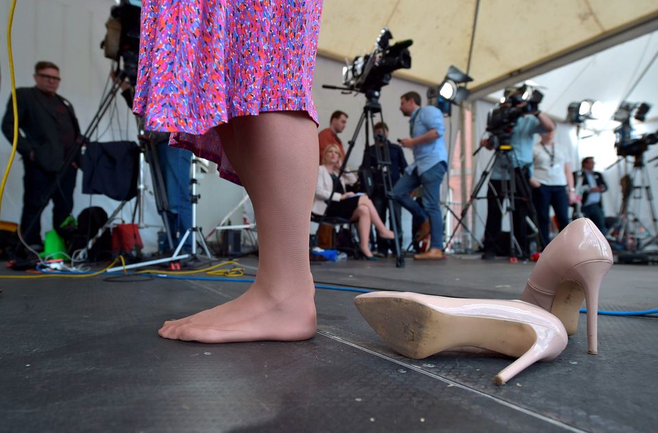 DUBLIN, IRELAND - MAY 23:  Drag queen artist and Yes campaign activist, Panti Bliss is interviewed bare foot by news crews as thousands gather in Dublin Castle square awaiting the referendum vote outcome on May 23, 2015 in Dublin, Ireland. 
(Photo by Charles McQuillan/Getty Images)
