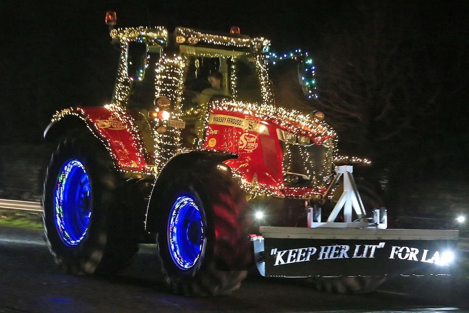 Another well lit up tractor on the “Keep Her Lit For Lar” Charity Run. Photo Jack Corry