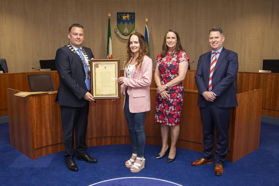 Cathaoirleach of the Wicklow Municipal District Paul O'Brien, CEO of Wicklow County Council Emer O' Gorman and Brian Gleeson present Catherine O' Connor with the Cathaoirleach's Achievements and Contributions to Sport Award at a Civic Reception in Council Buildings, Wicklow town.