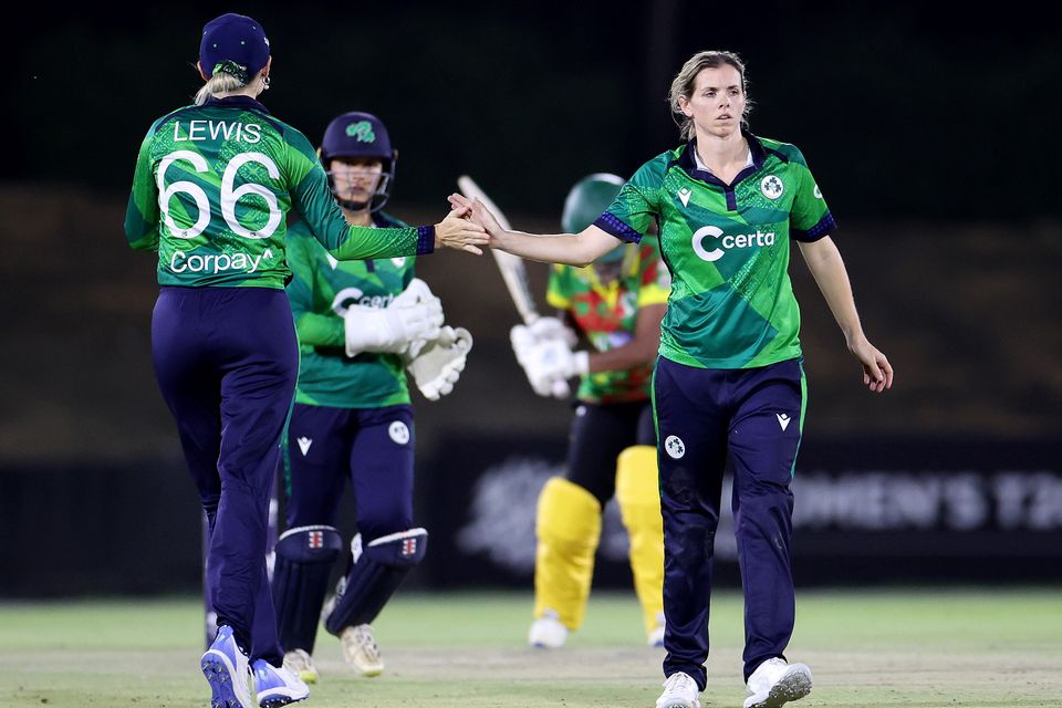 Ireland Gaby Lewis celebrates with team-mate Eimear Richardson during the ICC Women's T20 World Cup qualifier. Photo: Getty