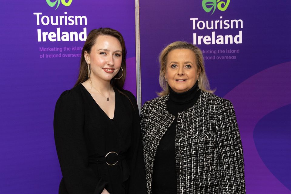 Sarah Hayes of Tourism Ireland and Dennis Corboy of Druid Glen Hotel & Golf Resort at the launch of Tourism Ireland's 2024 Marketing Plan in Dublin.