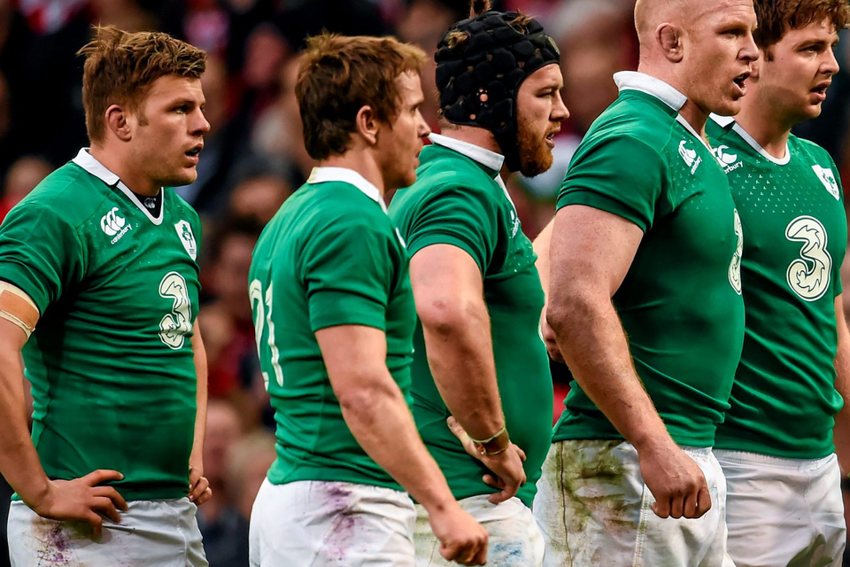 Ireland players, from left, Jordi Murphy, Eoin Reddan, Sean O'Brien, Paul O'Connell and Iain Henderson before the final scrum of the game