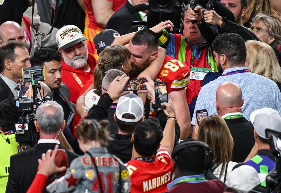Kansas City Chiefs tight end Travis Kelce with Taylor Swift following his Super Bowl victory (PA)