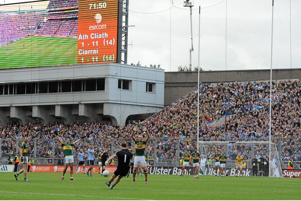 Dublin goalkeeper Stephen Cluxton kicks the winning point in injury-time from a free kick during their 2011 All-Ireland Senior Championship Final over Kerry. Photo: Brian Lawless/Sportsfile