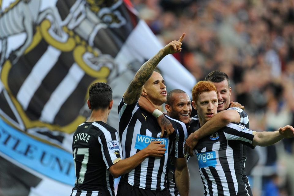Newcastle player Gabriel Obertan (c) celebrates his goal with team mates during the Barclays Premier League match between Newcastle United and Leicester City
