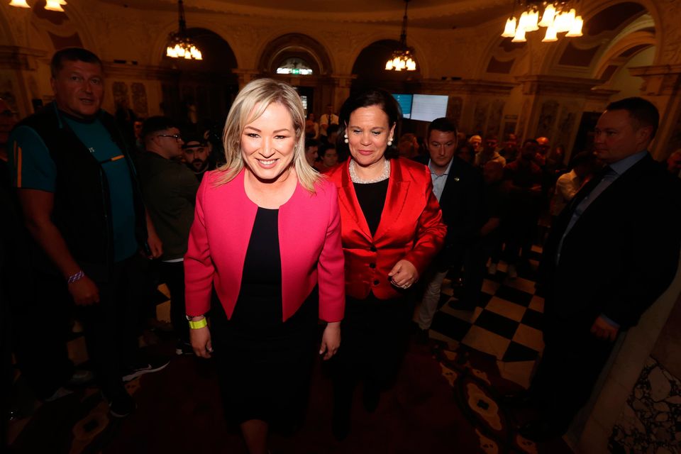 Sinn Féin vice president Michelle O'Neill (left) and president Mary Lou McDonald arrive at Belfast City Hall last Friday after voting for the Northern Ireland local elections ended. Photo: Liam McBurney/PA